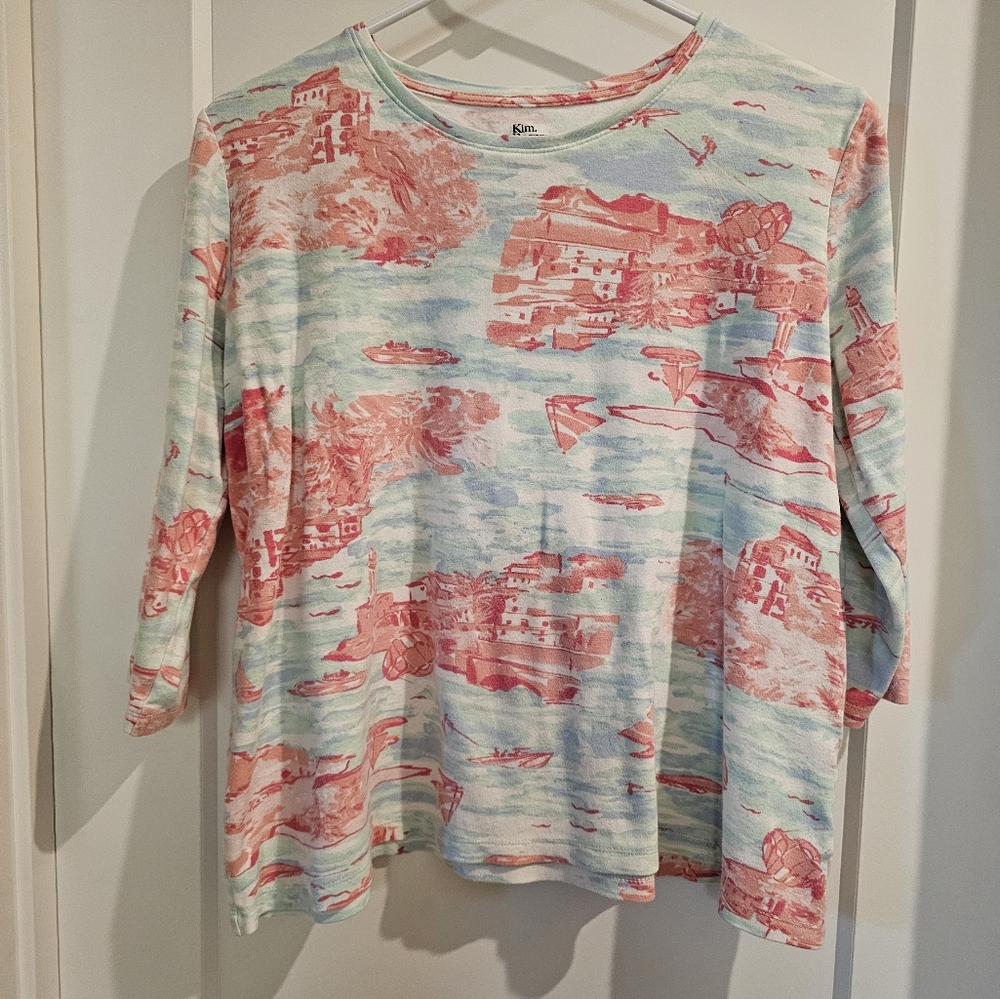 Kim Rogers Pink and White Scenic Print Top